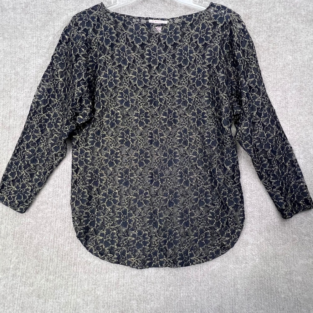 Halston III‎ Black Gold Floral Lace Long Sleeve Top Size M Party Cocktail